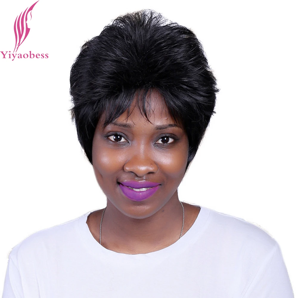 Yiyaobess 10 дюймов синтетический Пушистый Короткий черный парик для женщин среднего возраста жаропрочные натуральные прямые волосы парики