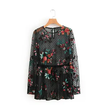 

Fashion Women's Long Sleeve Mesh Tshirt Polka Dot Shirt Tops O-Neck Crew Neck Perspective Ladies Tops Black T Shirt Feminine