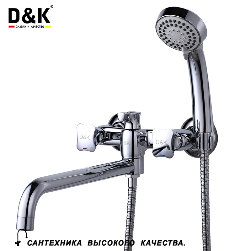 D K Bathroom Shower Faucets with Long Spout Set Dual Handle Bathtub Faucet with Hand Shower