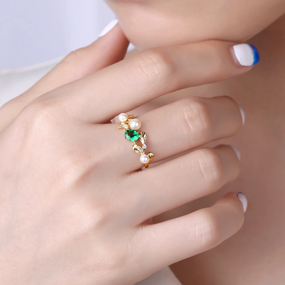 Caimao 14k Yellow Gold Natural 0.32ct Emerald with Pearl & Diamond Vintage Design Engagement Wedding Ring