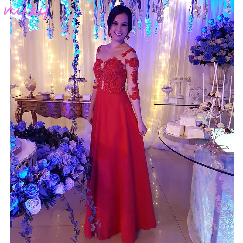 

NYZY E22 Illusion Neck Beaded Lace Appliques 3/4 Sleeves Chiffon Dress Formal Dress Robe Soiree 2019 Red Evening Dress