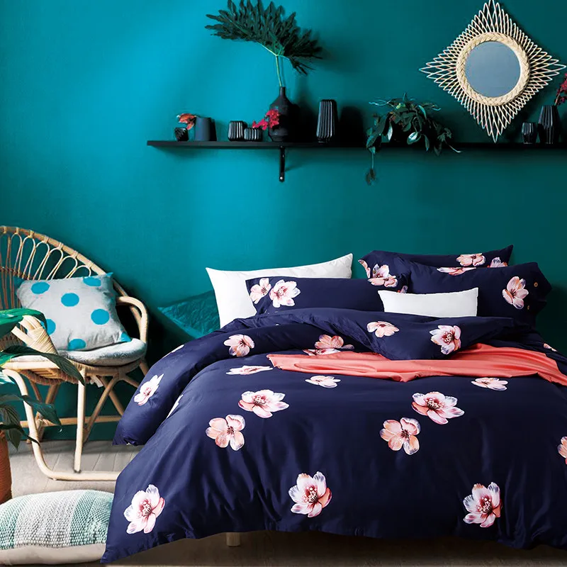 

4pcs blue printing flowers bedding set king queen Luxury 100% cotton quilt/duvet cover bed linen bedclothes set home textile