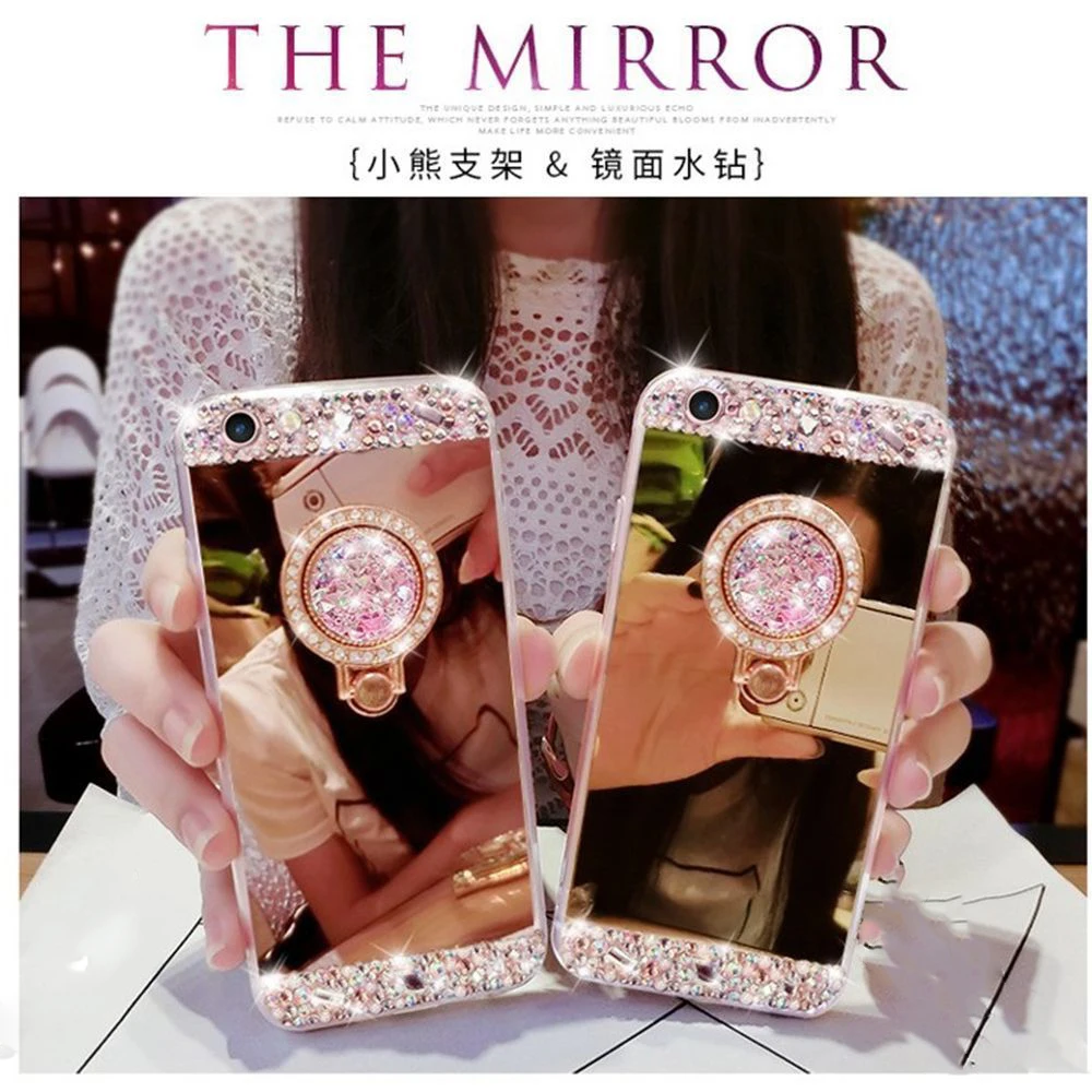 

Girl's Mirror Luxury Bling Diamond Crystal Ring Holder Stand Phone Case Cover For Samsung Note3 4 5 S5 4&iPhone 6 7 plus