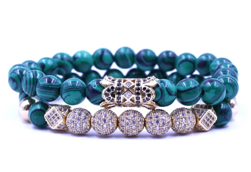 

8mm 2PCS/Set jg5h gold elastic adjusted nature malachite bead micro pave cz zircon cubic zirconia tube Bracelet