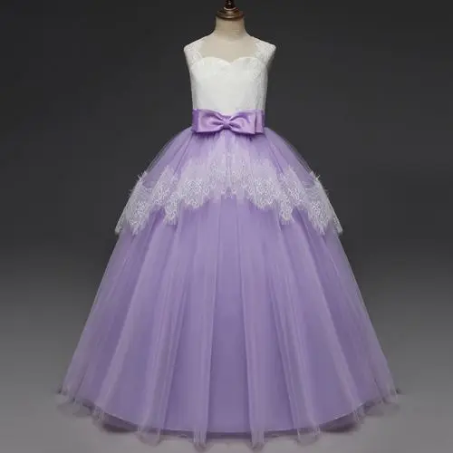 Кружевные платья принцессы с цветочным узором для девочек; коллекция года; пышные платья в пол с большим бантом для девочек; платья для первого причастия; Бальные платья для девочек - Цвет: Фиолетовый