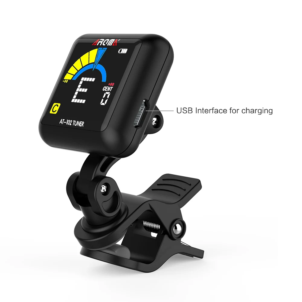 AROMA AT-102 Rechargeable Clip-on Guitar Tuner Color Screen with Built-in Battery USB Cable for Chromatic Guitar Bass Ukulele 4 AROMA AT-102 Rechargeable Clip-on Guitar Tuner Color Screen with Built-in Battery USB Cable for Chromatic Guitar Bass Ukulele 4