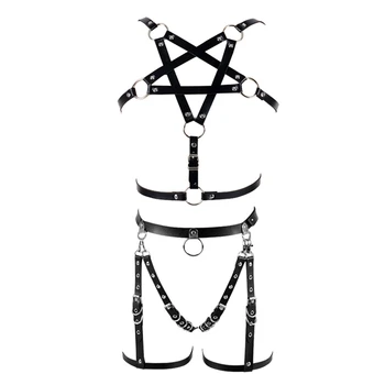 

Pentagram Full Leather Body Harness Bra Metal Rivet Punk Gothic Strap Lingerie Set Black Garter Belt Harajuku Festival Rave