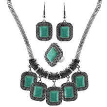 SL007 Quadrado Turquesa Pedra Conjunto de Jóias Colar Brinco Anel Antigo Tibetano Liga de Prata Pingente de Colar de Jóias