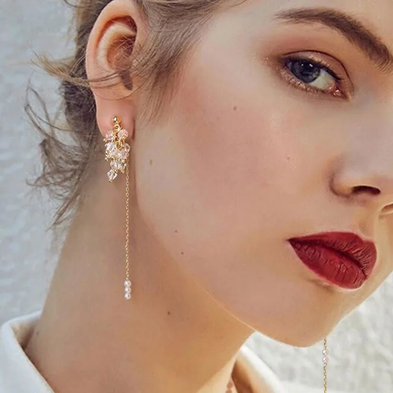 

Luxury Women Beaded Statement Long Chain Drop Earrings Gold Metal Tassel Imitation Pearl Pendant Dangle Earrings For Party