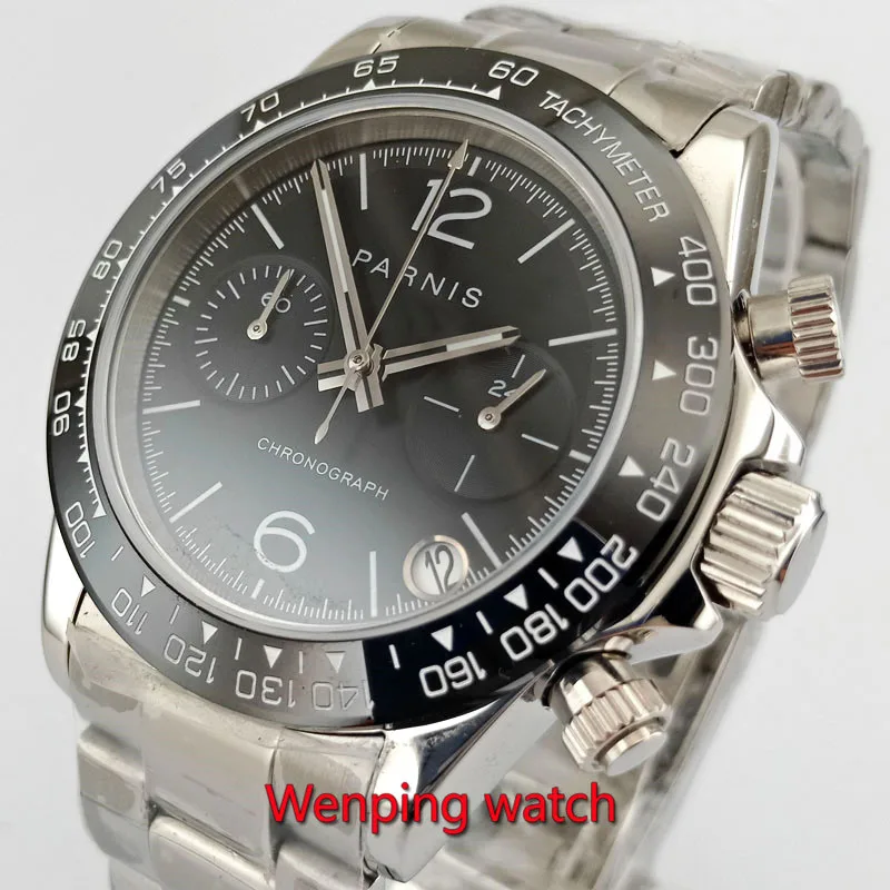 

Luxury Brand parnis 39mm Black Dial ceramic Bezel Chronograph Sapphire Glass relogio masculino Quartz movement men's Watch