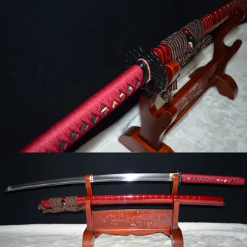 

Hand forged 1095 high carbon Steel clay tempered Blade Japanese Samurai red saya Sword Katana can cut bamboo tree