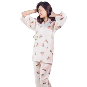 

Spring Fresh flowers kimono robe women pyjamas 100% gauze cotton breathable Japanese kimono Spa pajamas sets women bathrobes