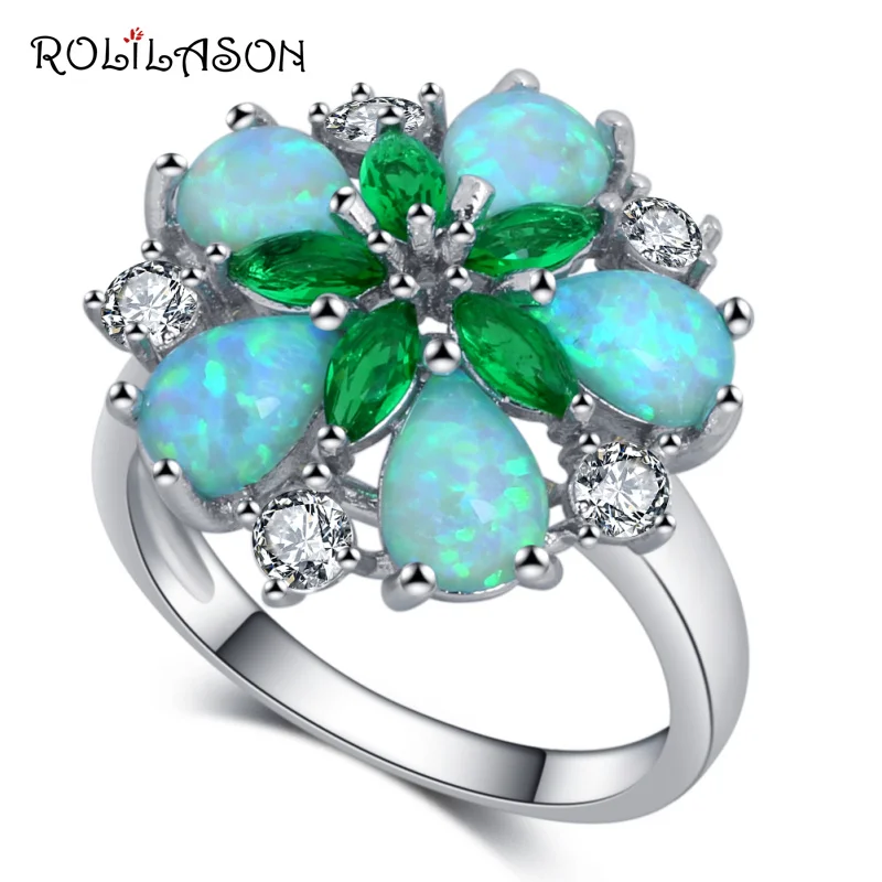 

ROLILASON Simple and generous green opal flower design Gifts Silver Stamped Fashion Jewelry Ring OR917