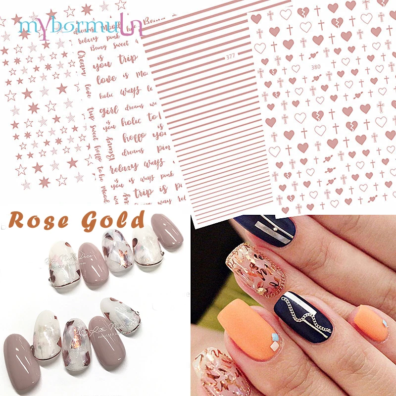 1 лист, розовое золото, 3D стикер для ногтей, полоса, волнистая линия, алфавит, клей для накладных ногтей, переводная наклейка, многоразмерные маникюрные наклейки для ногтей