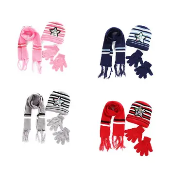 

3Pcs/set Children's hat Skullies +scarf +gloves Autumn Winter Baby Hat Striped Stars Knitting Baby Hats Warm Snow Wear Set