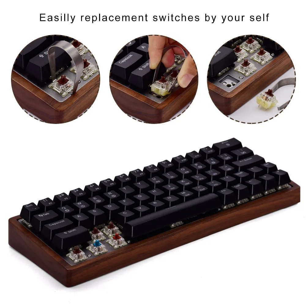 Горячая замена 60% 64 клавиш Механическая игровая клавиатура с RGB подсветкой и