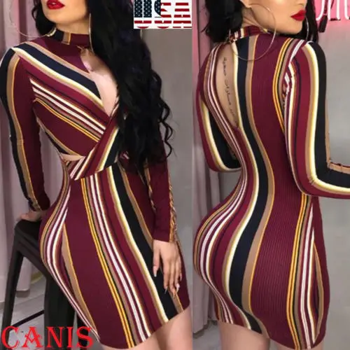 

Womens Stripe O-Neck Long Sleeve Bodycon Cocktail Party Short Mini Dress Striped Hollow out