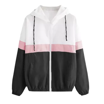 

2018 jacket women Long Sleeve Patchwork Thin Hooded Zipper Pockets female Coat chaqueta mujer