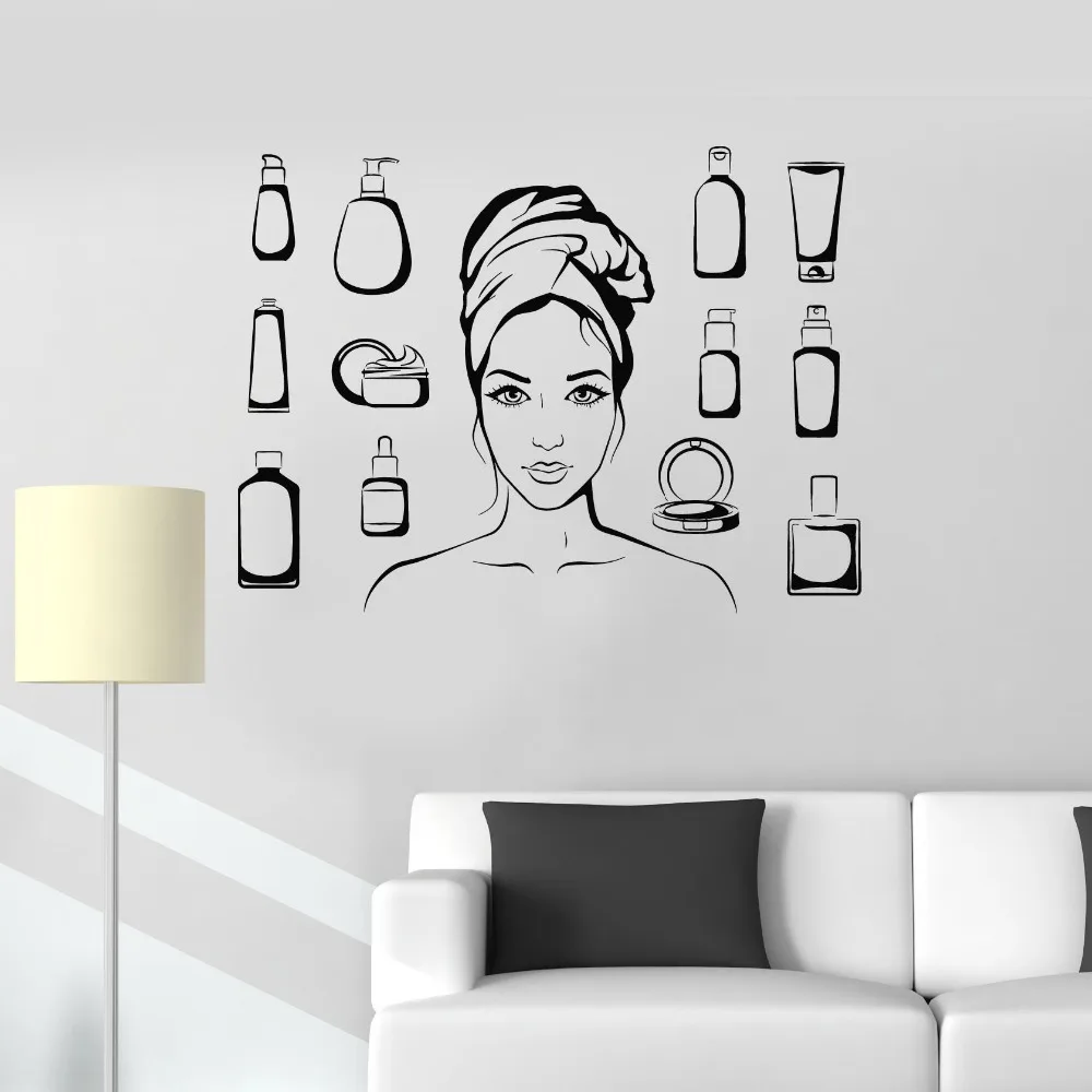 

Beauty Salon Cosmetics Woman Bathroom Art Cosmetology Vinyl Wall Decal Home Decor Art Mural Removable Wall Stickers