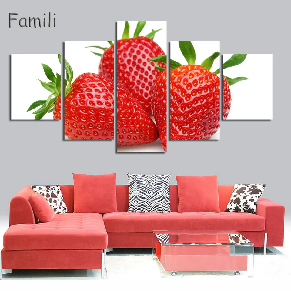 

5 Piece Wall Art Painting Three Light Strawberries. Print On Canvas The Picture Food 4 Pictures Oil Prints For Home Decor