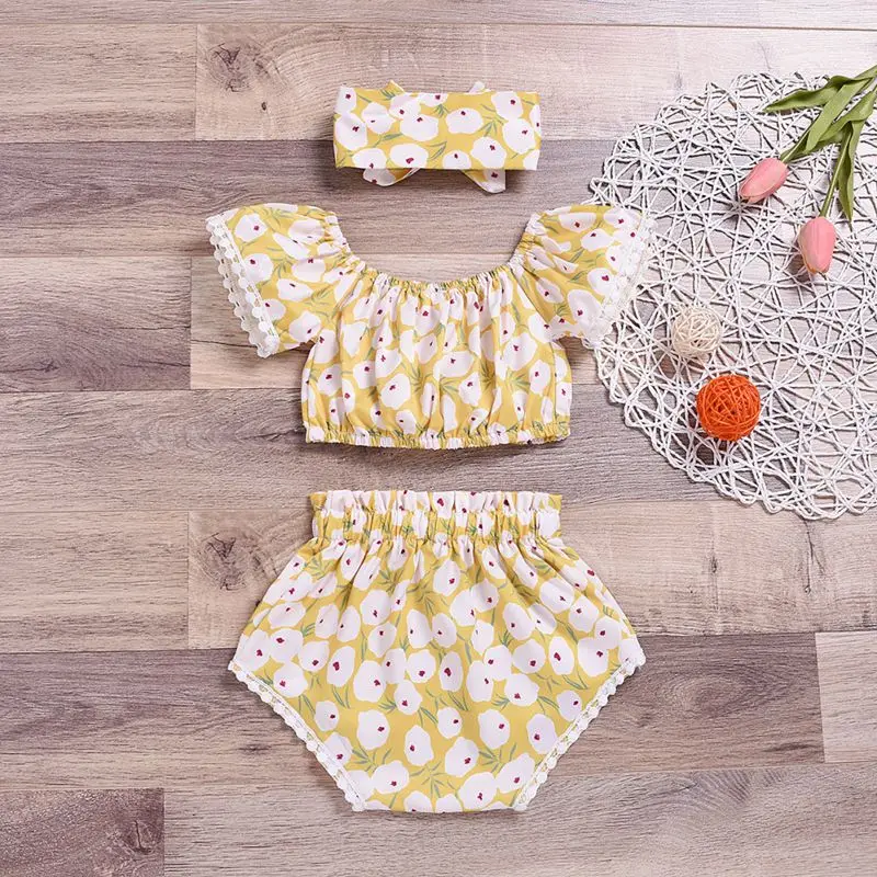 Summer Newborn Baby Girl Cute Printing One-shoulder Ruffle Short Sleeve And Pant + Headwear Kid 3pcs Cotton Outfit Set 0-24M