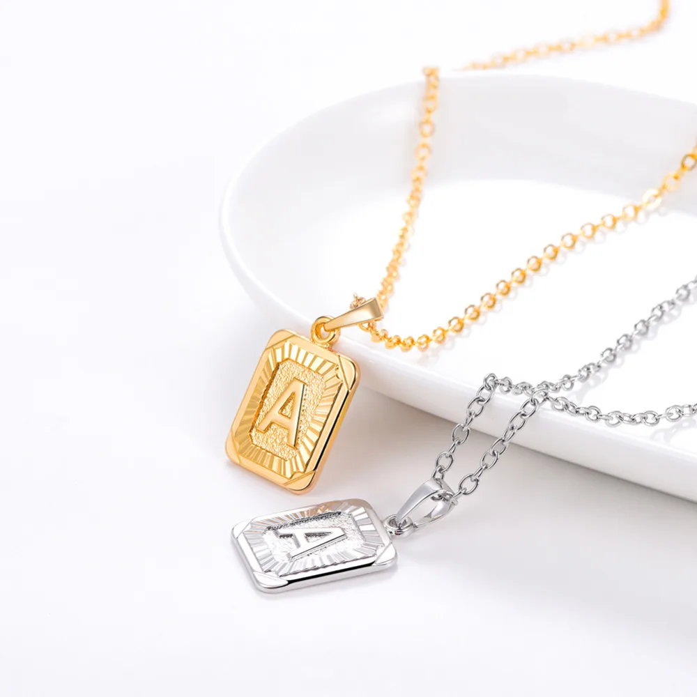 U7 Square Letters Necklaces Pendant Chain Necklace for Women Men English Initial Name Alphabet Jewelry Best Birthday Gifts P1196