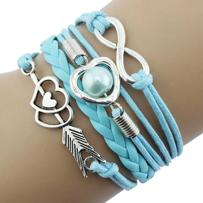 Горячие кожаные браслеты женские обернуть жемчуг в форме сердца дружбы Античная Кожа браслет Бохо@ 50 - Окраска металла: Sky Blue