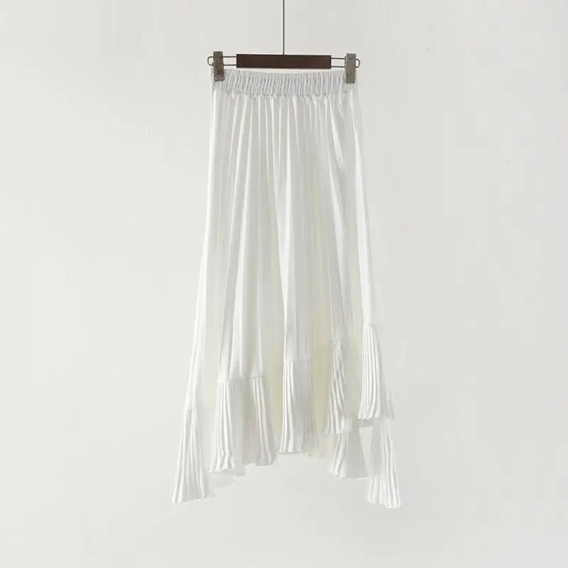 

2019 Summer skirts New Women Vintage Temperament Pleated Irregular A Line white long Skirt
