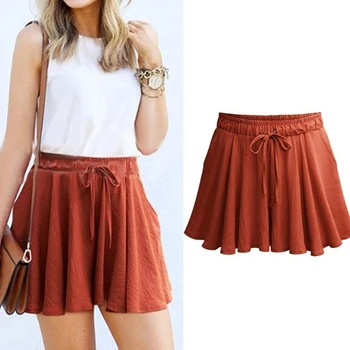 

Women Sexy Bow Solid Casual Fit Elastic Waist Beach High Waist Shorts With String Women's Pure Color Wide Leg Shorts