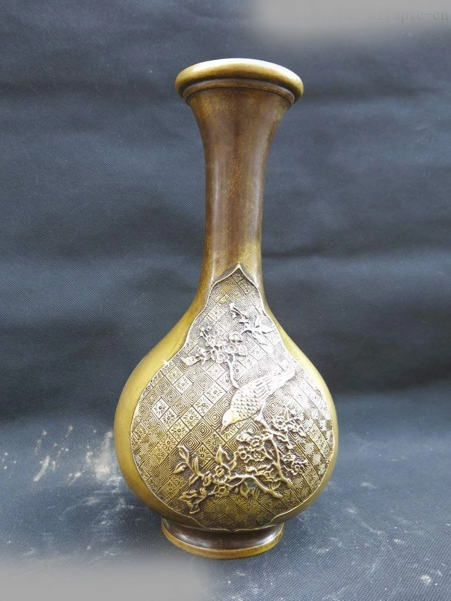 

11" China pure brass copper carved plum blossom pied magpie Vase Sculpture