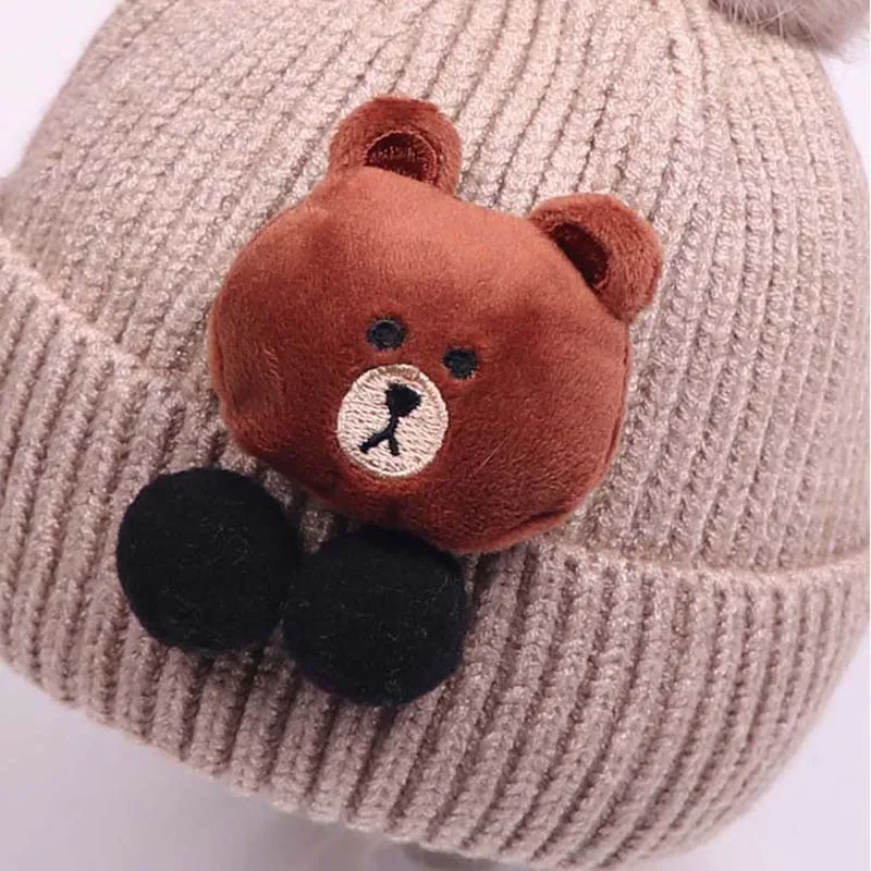 Милая шапка с маленьким медвежонком для малышей, Мягкая вязаная шапка с помпоном для маленьких мальчиков и девочек, зимняя теплая детская повседневная шапочка, шапки