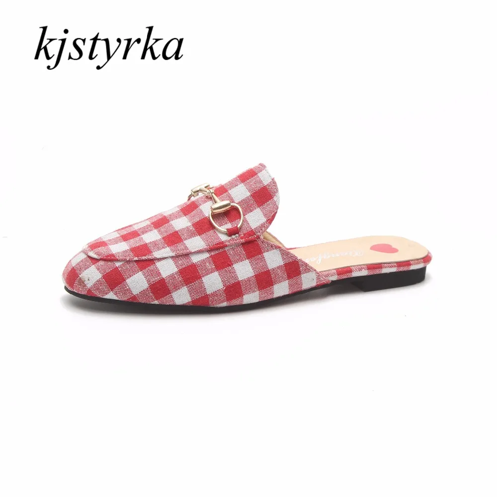 

Kjstyrka 2018 New Designer Summer slippers Women Mules Plaid Cloth Strange Style Gingham Office Fashion Female flat Shoes