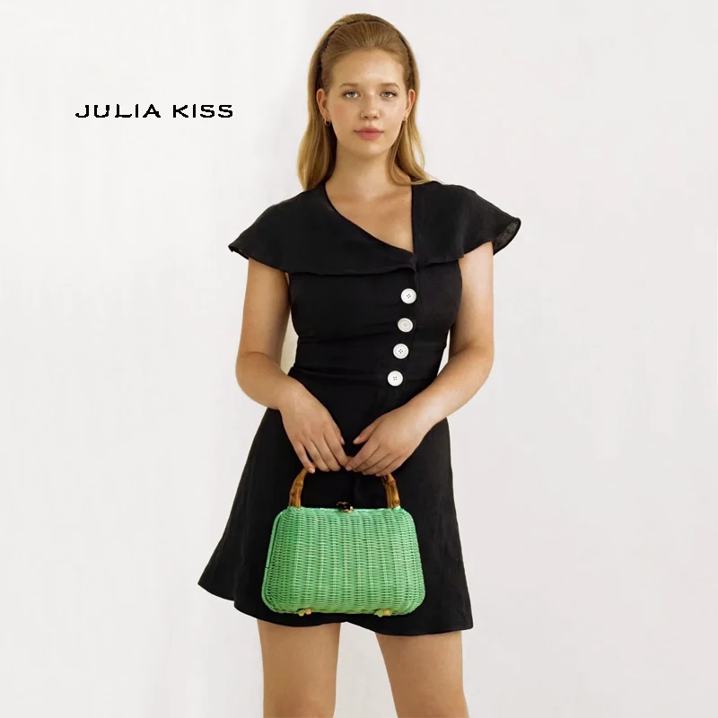 

Women Faux-buttons Cotton & Linen Mini Dress
