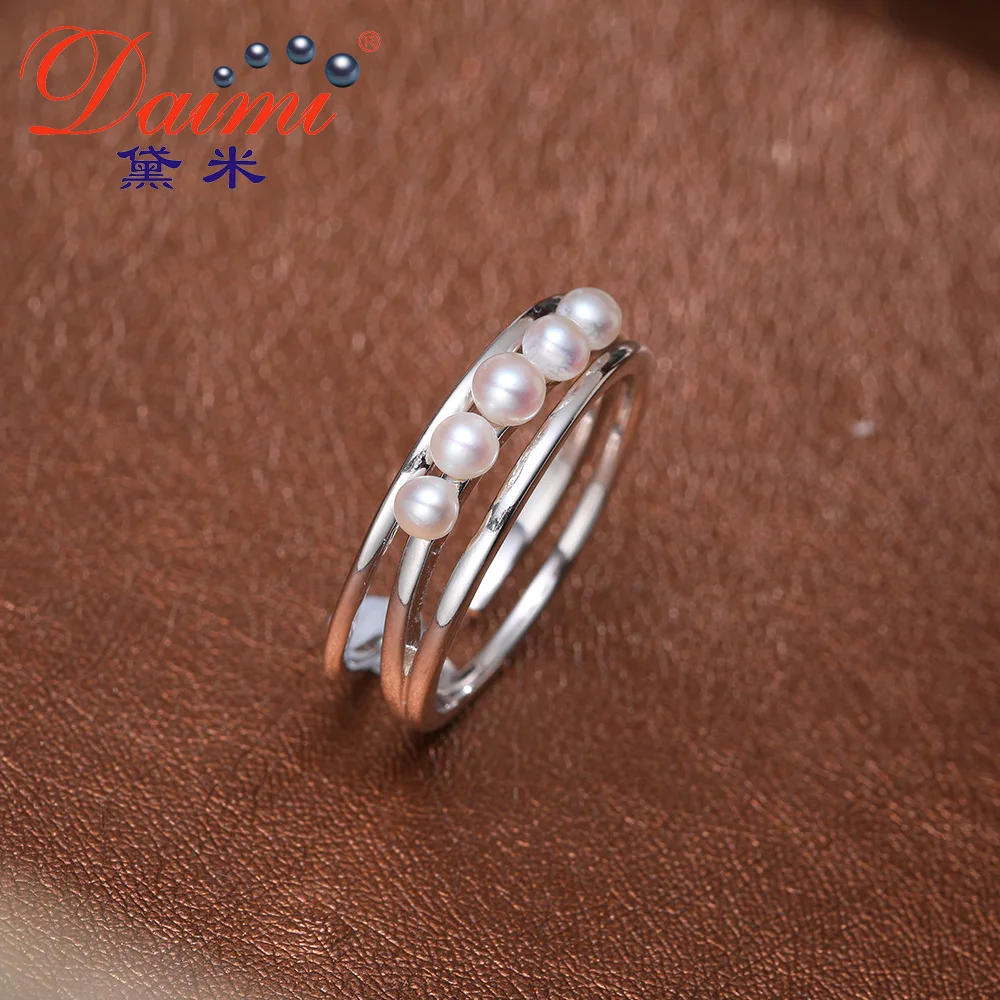 

DAIMI 925 Silver Pearl Ring Double Ring Design Freshwater Pearl Five Pearl Rings