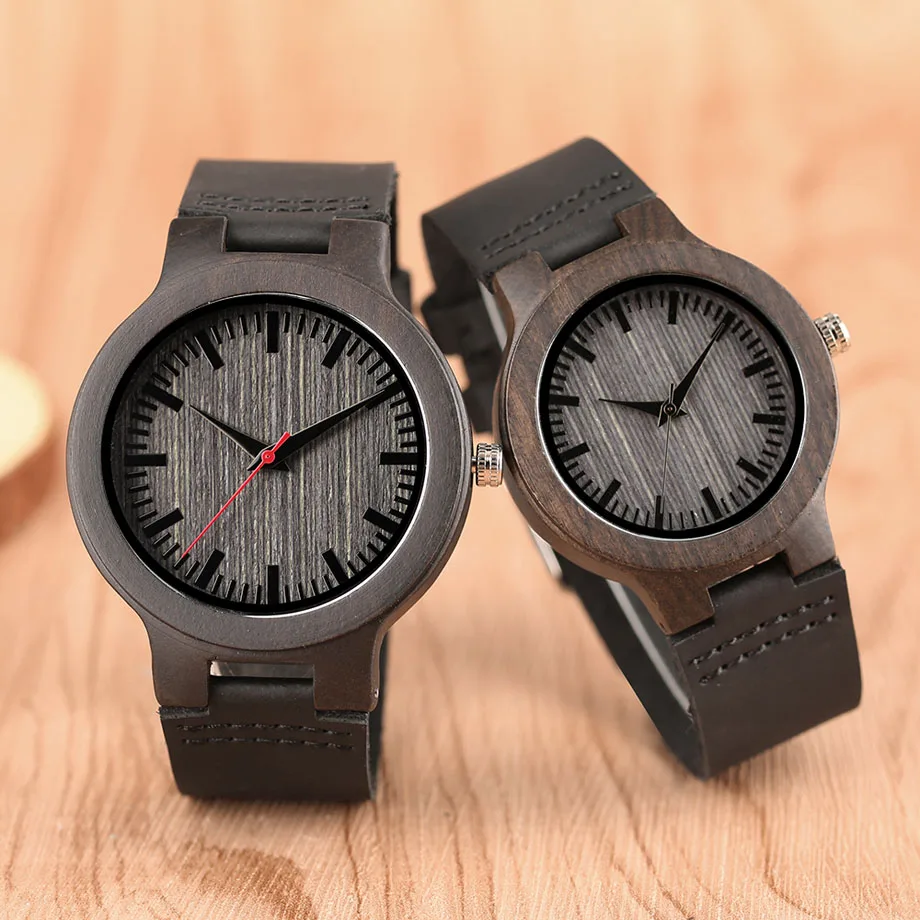 Minimalist Sandal Wood Watch for Couple Brand Design Black Real Leather RedBlack Second Hand Quartz Bracelet Sweetheart Gift  (9)
