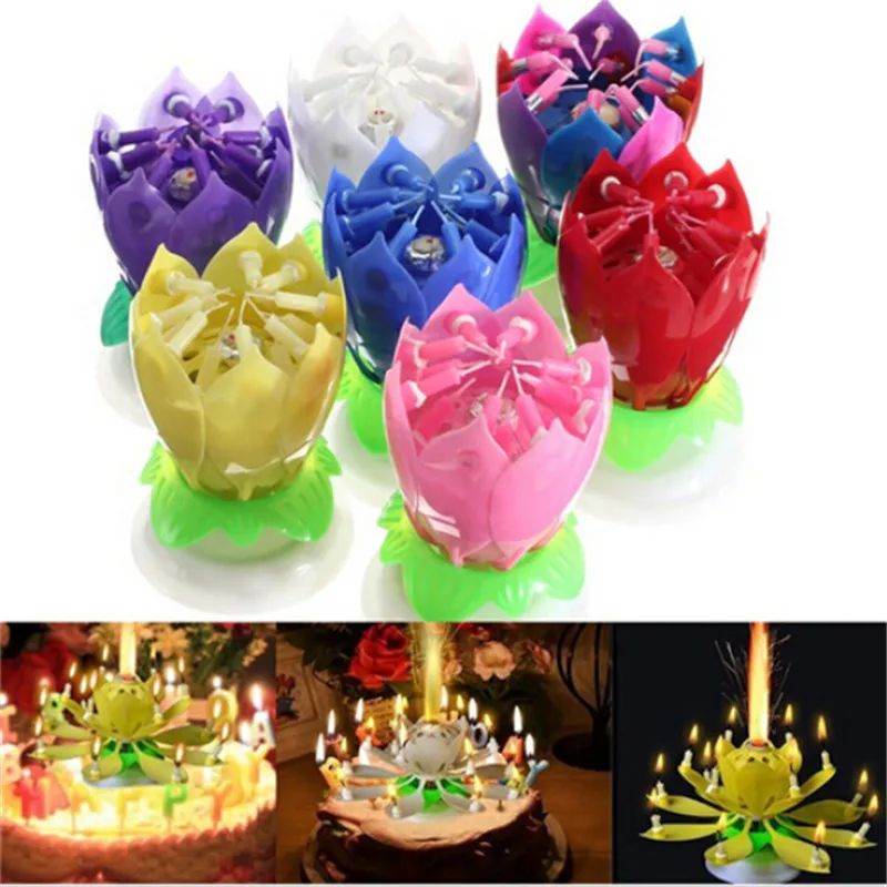 

1PC Beautiful Blossom Lotus Flower Candle Birthday Party Cake Music Sparkle Cake Topper Rotating Candles Decoration EJ670976