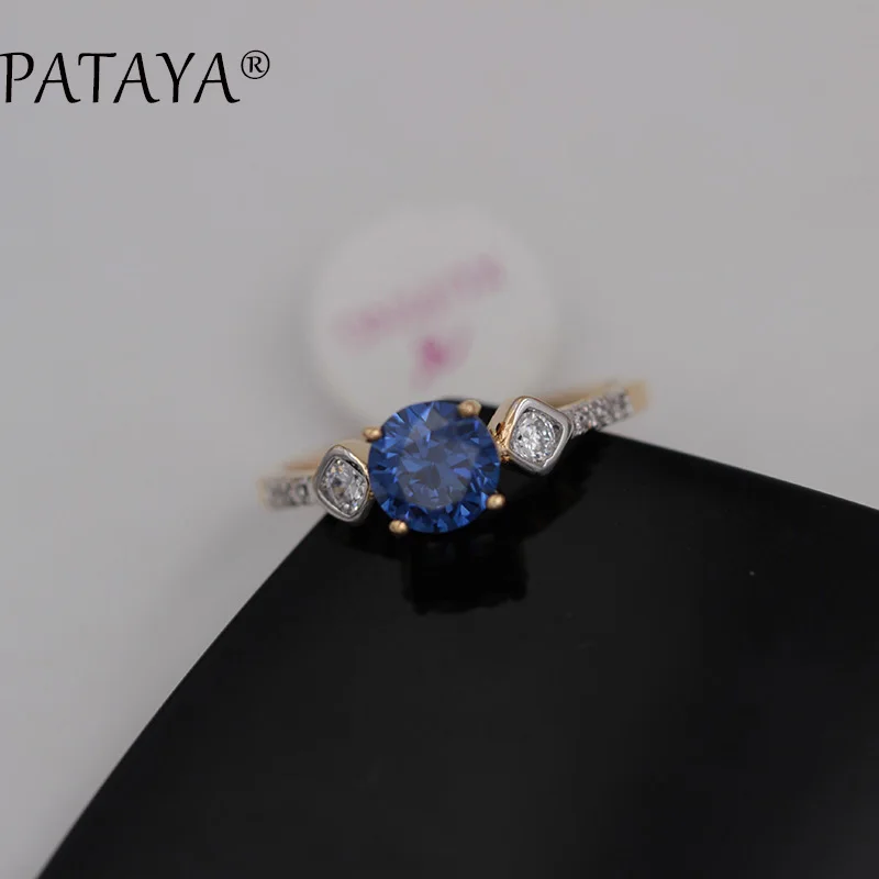 PATAYA Новое поступление модное Брендовое кольцо AAA круглое темно-синее кольцо с натуральным цирконием 585 кольцо из розового золота женское свадебное ювелирное изделие