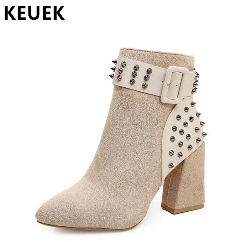 

European Fashion Women shoes Rivet Pointed Toe Motorcycle boots Super High heel Martin boots Popular Brand Ankle boots 033