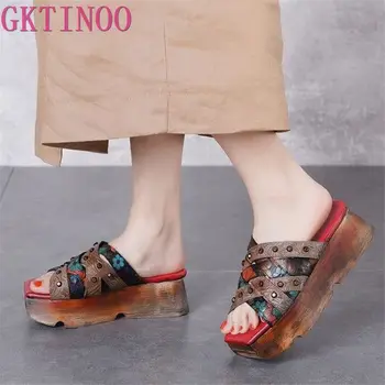 

GKTINOO 2019 Women Platform Slippers Outside Open Toes Handmade Vintage Rivet Lady Genuine Leather Shoes Female Footwear Slides