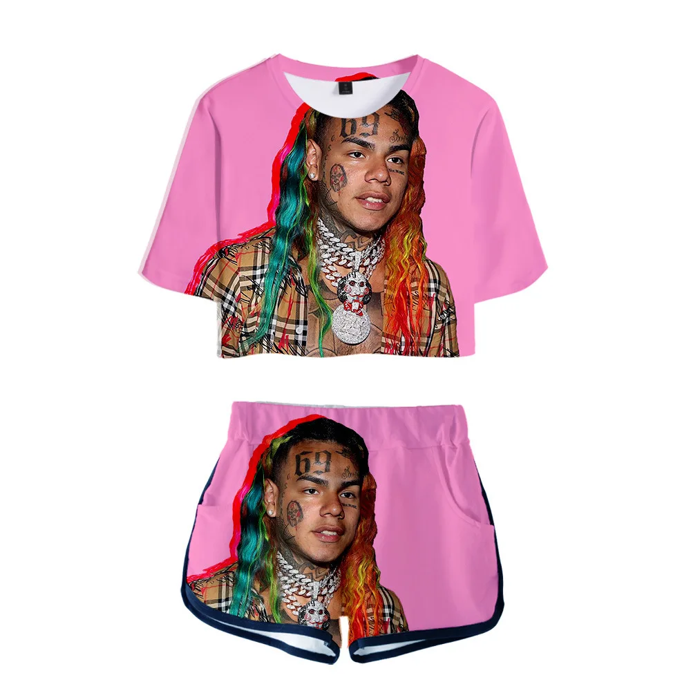 

Rapper 6ix9ine 2 Piece Outfits For Women Crop Top Track Suit Two Piece Set Top and Shorts Set Ladies Tracksuits Hip Hop Clothing