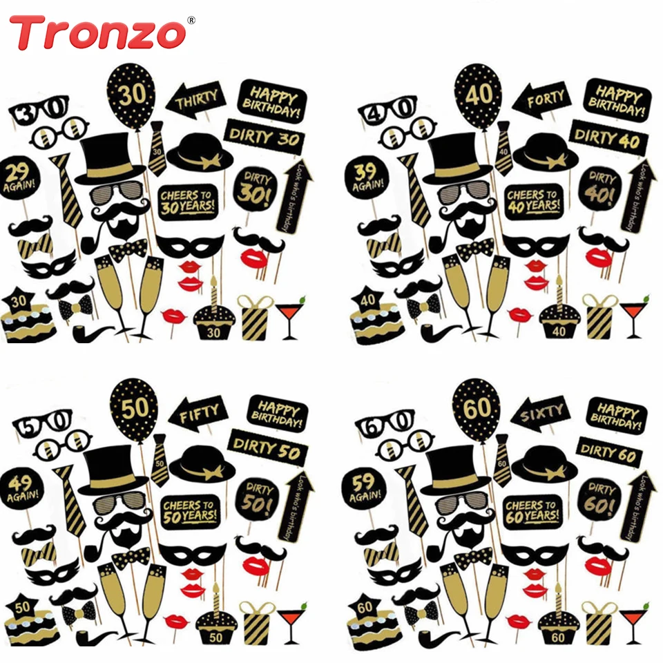 

Tronzo Birthday Party Photo Booth Props 30/40/50/60th Happy Birthday Glass Moustache Photobooth Birthday Party Decorations Adult