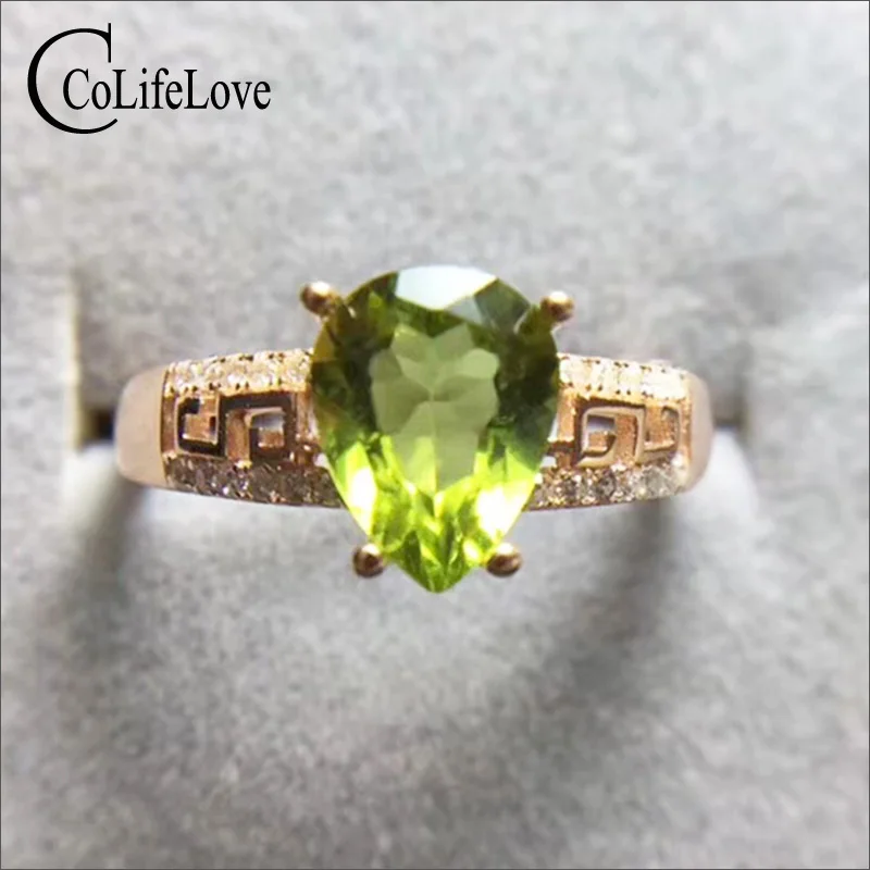 

Natural pear cut peridot silver ring for party 7 mm * 9 mm 2 ct VVS peridot ring solid 925 sterling silver peridot jewelry