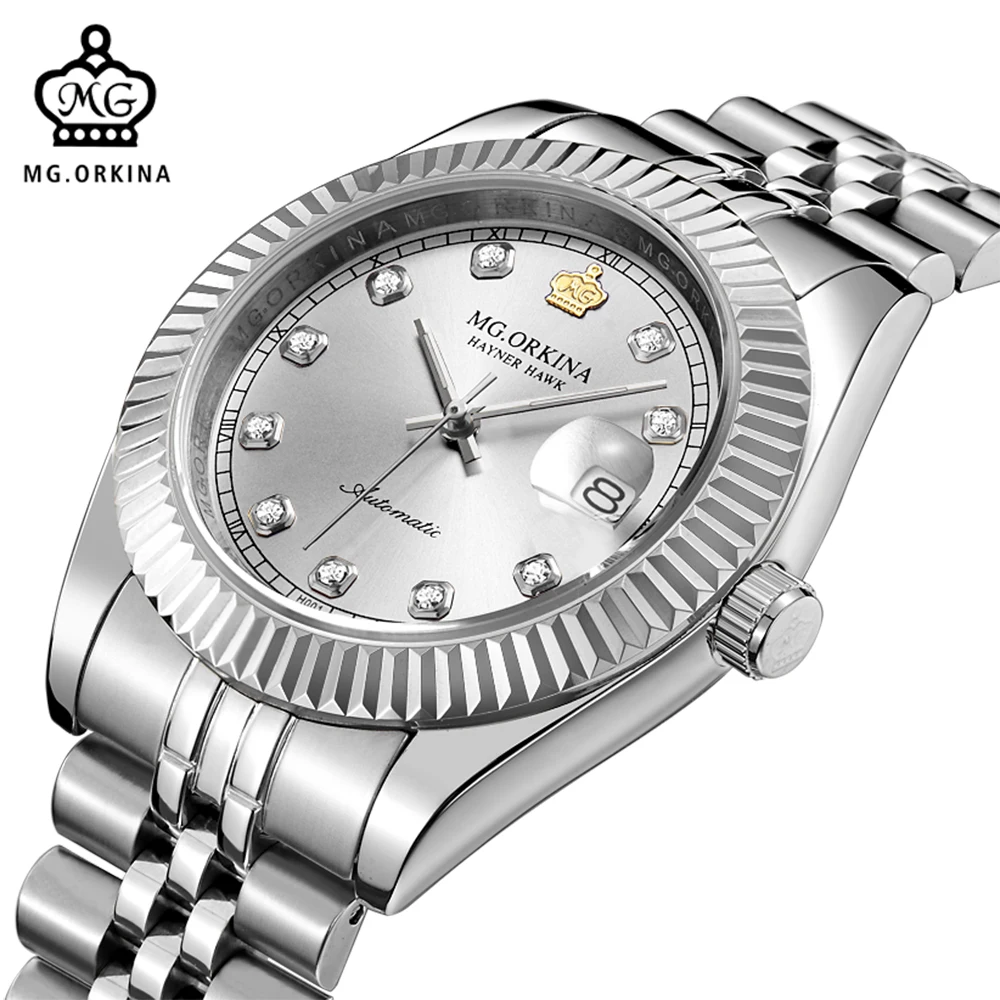 

MG. ORKINA Mens Watches Luxury Sapphire Window Rhinestone Dial Auto Date Japan Mechanical Movt Automatic Male Wristwatches Reloj