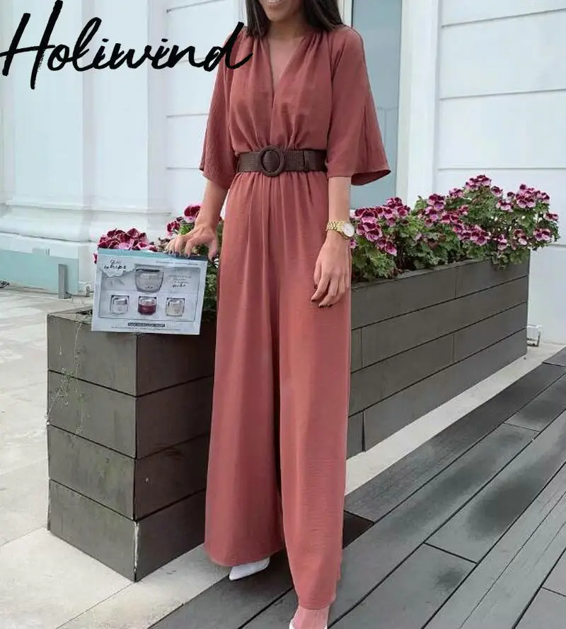 

2019 Summer Women Rust Red Color V-neck Jumpsuits Short Sleeves Wide Leg Rompers With PU Belt combinaison femme