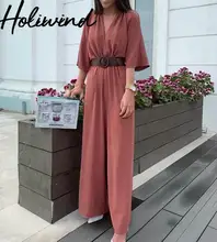 2019 Summer Women Rust Red Color V-neck Jumpsuits Short Sleeves Wide Leg Rompers With PU Belt combinaison femme 2019 Summer Women Rust Red Color V-neck Jumpsuits Short Sleeves Wide Leg Rompers With PU Belt combinaison femme