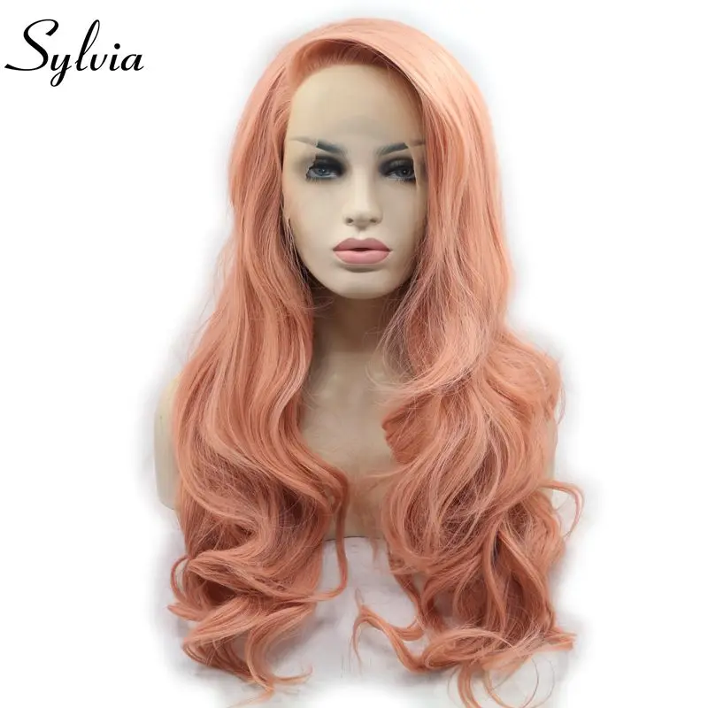 

Sylvia Peach Pink Rose Gold Synthetic Lace Front Wigs Side Part Body Wave Heat Resistant Fiber Hair For Women