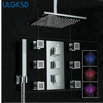 

Ulgksd Multi Choices Square LED Wall Mounted Rainfall Shower Faucets + Shower Head + Massage Jets Shower Sprayer Chrome