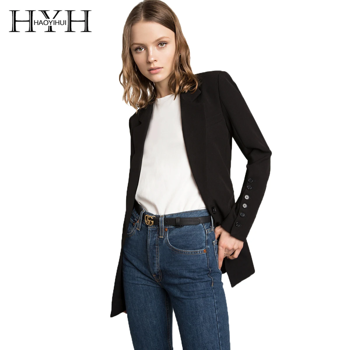 Goedkoop HYH HAOYIHUI Effen Zwarte Blazer Slim Fit Een Knop Kantoor Dames Jas Notched Lange Mouwen Blazers Jassen Solid Black Uitloper