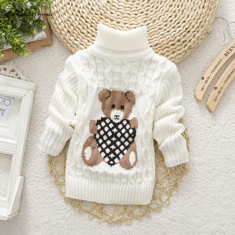Осенне-зимний свитер для маленьких девочек и мальчиков; пуловер; свитера с милым рисунком медведя; трикотажная одежда для детей; детская верхняя одежда с высоким воротником