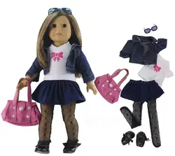 Лидер продаж, джинсовый наряд Модная Одежда для кукол + очки + сумка + Колготки + одна пара, детские ботинки для девочек 18 дюймов американская